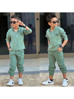 Yiğit Butik Müslin Kumaş Uzun Kollu Erkek Çocuk Takım