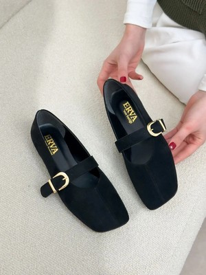 Erva'nın Butiği Siyah Süet (Silva) Lastik Toka Detay Kadın Babet