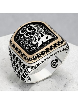 Takılingo 925 Ayar Gümüş Üç Hilal Kurt Motifli Telkari Kasa Erkek Yüzük