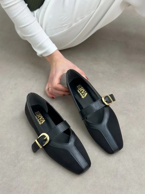 Erva'nın Butiği Siyah Süet (Luna) Deri Parça Detay Kadın Babet