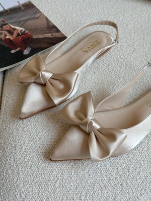 Erva'nın Butiği Bej Saten (Miva) Kurdele Detay Lastikli Kadın Babet