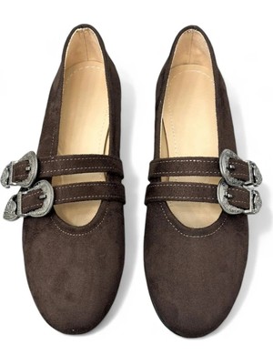 Erva'nın Butiği Kahve Süet (Henry) Çift Tokalı Kadın Babet