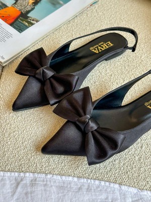 Erva'nın Butiği Siyah Saten (Miva) Kurdele Detay Lastikli Kadın Babet