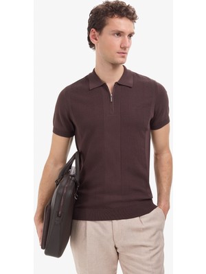 Pierre Cardin Erkek Koyu Kahverengi Slim Fit Polo Yaka Fermuarlı Triko Tişört 50320793-VR084