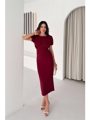 Neşeli Butik Kadın Bordo Midi Boy Büzgü Detaylı Balon Kol Dar Kesim Elbise NBK4574