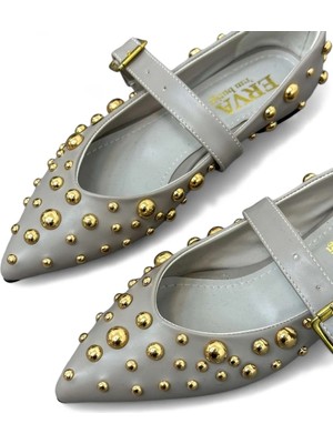 Erva'nın Butiği Gri Cilt (Grant) Zımba Detay Kadın Babet