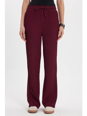 Tudors Kadın Relax Fit Rahat Kesim Beli Bağcıklı Jakarlı Lastikli Bordo Palazzo Pantolon