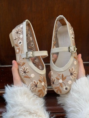 Erva'nın Butiği Kadın Babet Bej Tül (Rosa) Vegan Deri Kaydırmaz Taban Orta Stil