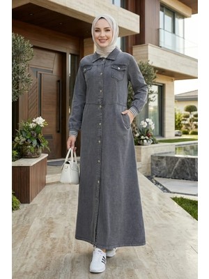 Harma Time Butik Kadın Düğmeli Cepli Ribana Detaylı Kot Siyah Uzun Kap