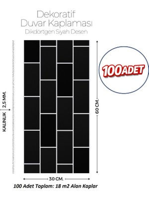 Brano 30X60 cm Kendinden Yapışkanlı Duvar,banyo,tezgah Arası Siyah Tuğla DESEN-100 Adet