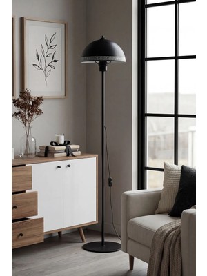 Marrien Luna Luxury Tek Ayaklı Siyah Modern Metal Lambader Oturma Odası & Yatak Odası & Salon Lambası