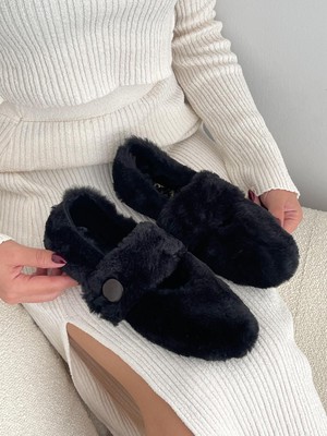 Erva'nın Butiği Siyah Tüylü ( Rory) Kemer Detay Kadın Babet