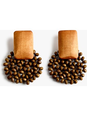 Koton Büyük Boy Ahşap Boncuklu Geometrik Küpe