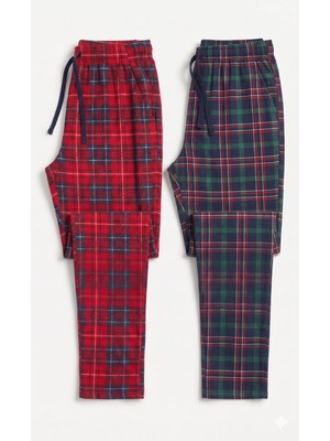 elemge 2’li Takım Erkek Kareli Pijama Altı Cepli Rahat Kalıp Lastikli Ipli Yumuşak Relax Fit Yeşil-Kırmızı Alt Ekoseli