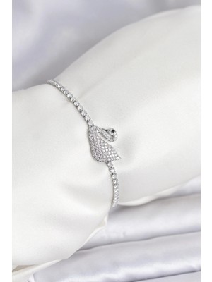 TeknoKapsül Kuğu Model Zirkon Taşlı Gümüş Renk Asansörlü Su Yolu Bileklik