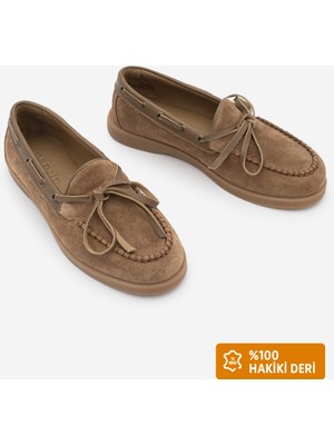 Marjin Kadın Hakiki Deri Fiyonklu Ip Detayı Makosen Loafer Günlük Ayakkabı Nifida Camel Süet