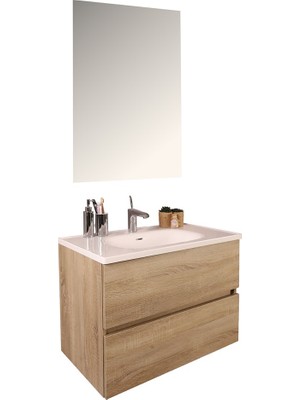 Kobos Simple 80 cm Çekmeceli Banyo Dolabı Seti Light Walnut