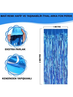 Gültekin Mavi Renk Ekstra Metalize Parlak Saçaklı Arka Fon Perde Ithal A Kalite 1x2 Metre