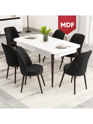 Canisa Nix Serisi Açılabilir MDF 70X114 Beyaz Masa Ceviz Ayak Mutfak Masası Takımı ve 6 Sandalye