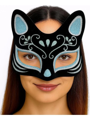 Gültekin Siyah Renk Süet Kaplama Üzeri Gümüş Mavi Simli Kedi Maskesi 17X14 cm