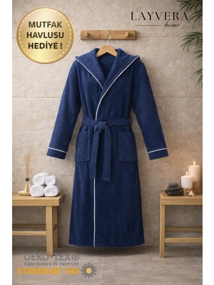 Layvera Erkek-Kadın Bornoz Lacivert | %100 Pamuk-Kapüşonlu-Biyeli-Cepli