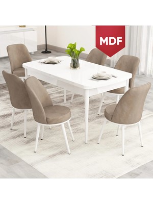 Canisa Nix Serisi Açılabilir MDF 70X114 Beyaz Mutfak Masası Takımı ve 6 Sandalye