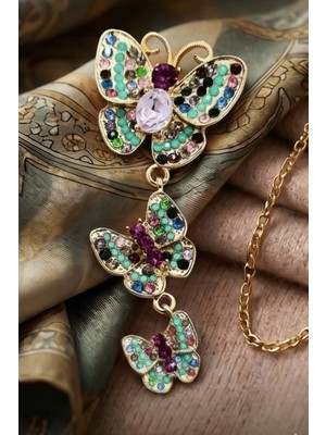 BB Bi Butik Shop Renkli Kristal Taşlı Üçlü Kelebek Broş