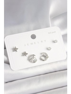 Gültekin 925 Ayar Gümüş Çivi Zirkon Taşlı Hilal Yıldız Model Kadın Küpe Seti