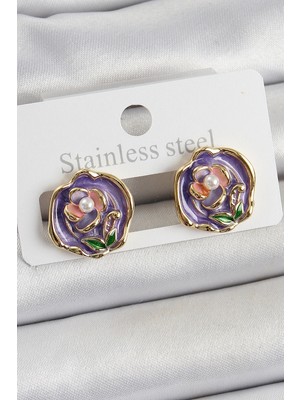 Gültekin Pirinç Mor Mineli Çiçek Figürlü Sanatsal Portre Model Gold Renk Kadın Küpe