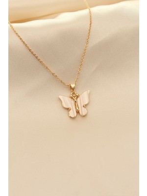 Gültekin Beyaz Sedefli Kelebek Figürlü Kadın Kolye