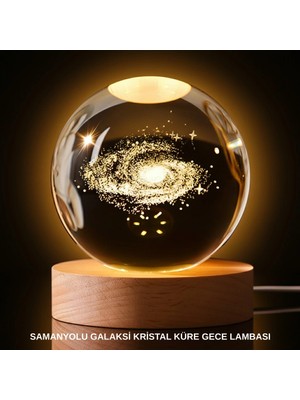 Gültekin 3D Samanyolu Galaksi Kristal Küre USB LED Işıklı Ahşap Standlı Gece Lambası