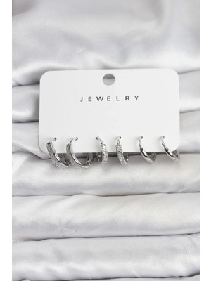 Gültekin Zirkon Taşlı Gümüş Renk Pirinç Kadın Küpe Seti