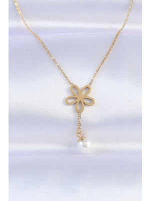 Gültekin 316L Çelik Zincir Gold Renk Inci Detay Çiçek Kolye