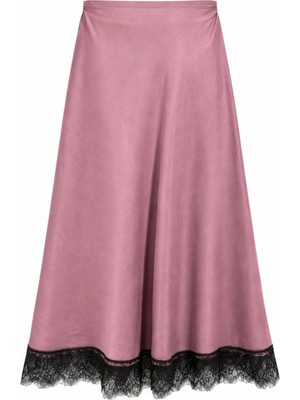 Mixray 4889 Kadın Dantel Detaylı Saten Midi Etek Mürdüm