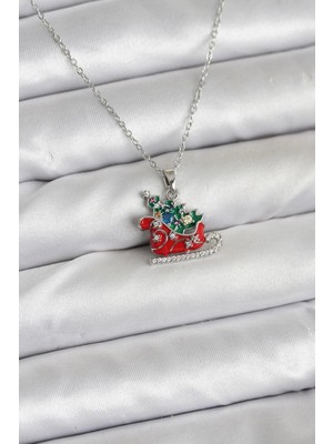 Gültekin 316L Çelik Zincir Gümüş Renk Kızak ve Çam Ağacı Figürlü Yılbaşı Temalı Kadın Kolye