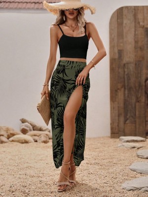 Hobilinka Kadın Ip Askılı Yuvarlak Yaka Kısa Viskon Bluz ve Desenli Yırtmaçlı Süprem Etek Ikili Takım