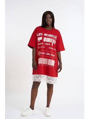 HANIQA Büyük Beden Eteği Dantelli Baskılı Tişört Elbise