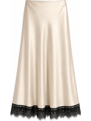 Mixray 4889 Kadın Dantel Detaylı Saten Midi Etek Taş