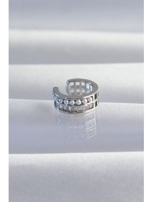 Gültekin Pirinç Gümüş Renk Incili Baget Taşlı Earcuff Küpe