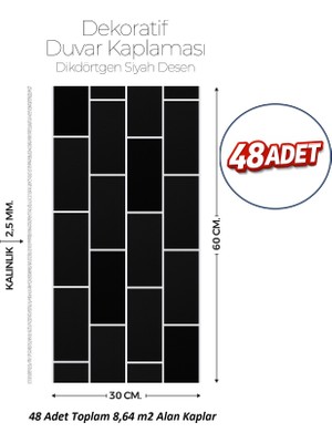 Brano 30X60 cm Kendinden Yapışkanlı Duvar,banyo,tezgah Arası Siyah Tuğla Desen-48 Adet