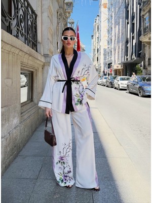 BRTC Design Kadın Ekru Çiçek Desenli Saten Premium Kimono Takım