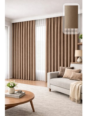 Quba Deco Kadife Dokulu Pilesiz Fon Perde Düz Desenli Bej Renk 100 x 270 cm Ebatlarında