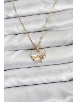 Gültekin 316L Çelik Zincir Gold Renk Kalp ve Fiyonk Model Zirkon Taşlı Kadın Kolye