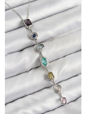 Gültekin Pirinç Renkli Zirkon Taşlı Model Gümüş Renk 7 Element Kadın Y Kolye