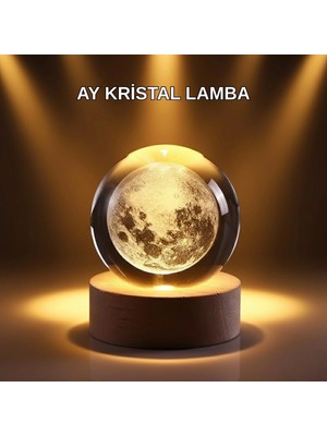 Gültekin USB Işıklı Ay Kristal Küre 3D Oyma Tasarım Ahşap Standlı Gece Lambası