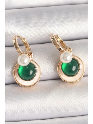 Gültekin Pirinç Gold Renk Beyaz Yeşil Sallantı Mineli Kadın Küpe