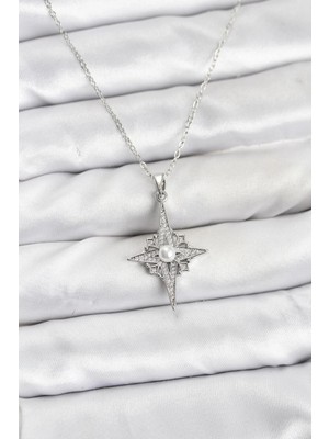 Gültekin 316L Çelik Zincir Gümüş Renk Kutup Yıldızı Model Zirkon Taşlı Kadın Kolye
