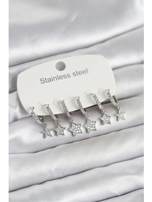 Gültekin 316L Çelik Gümüş Renk 6'lı Set Yıldız Model Kadın Küpe