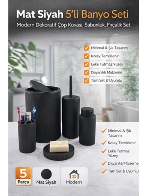Gültekin 5li Siyah Çizgili 5 Parça Banyo Seti Yuvarlak Çöp Kovası Tuvalet Fırçası Sabunluk Diş Fırça