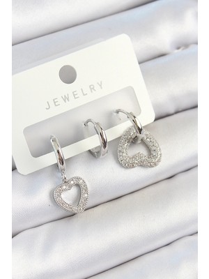 Gültekin Pirinç Zirkon Taşlı Kalp Model Gümüş Renk 3'lü Çift Kadın Küpe Set